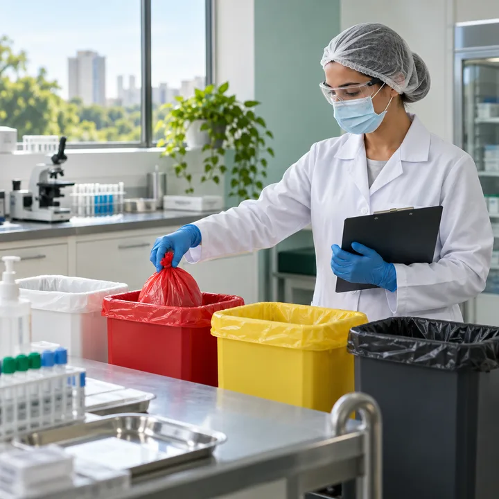 Profissional de laboratório organizando resíduos de serviços de saúde