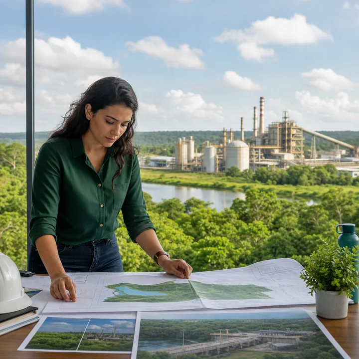 Engenheira ambiental analisando projeto de empreendimento no Maranhão
