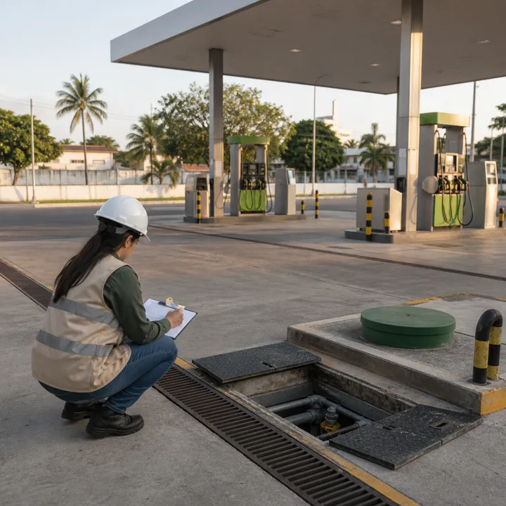 Profissional inspecionando controles ambientais de posto de combustível